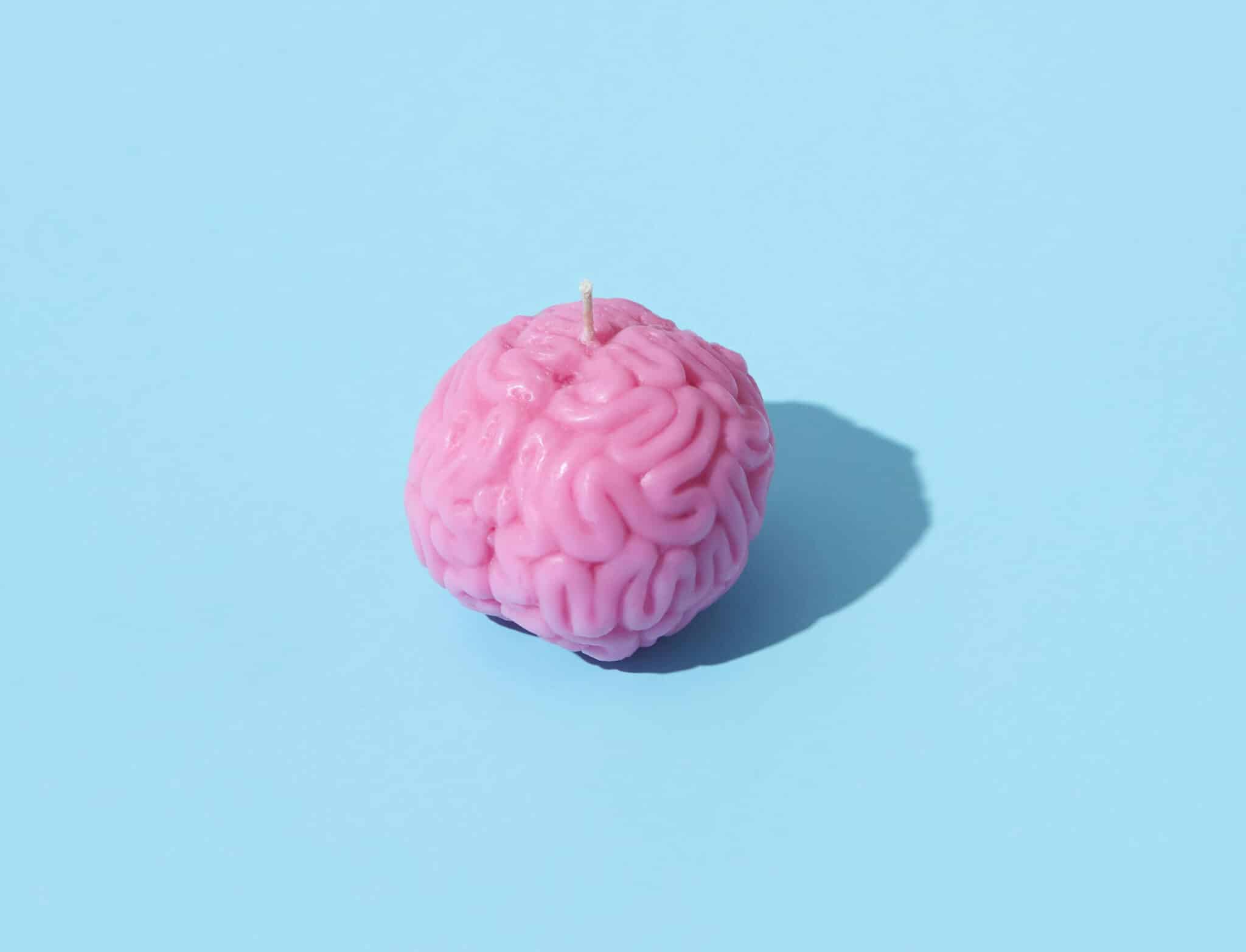 Image d'un cerveau rose sur fond bleu. Illustration du teaser de l’émission : Émotion et rationalité, du podcast Méta de Choc.