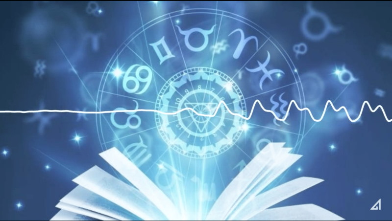 Illustration de l’émission STREAM n°2, qui s’intitule : L'astrologie, ça marche !... Trop - Live. Il s’agit de la représentation des symboles en astrologie. Le fond est de couleurs bleu clair et foncé.