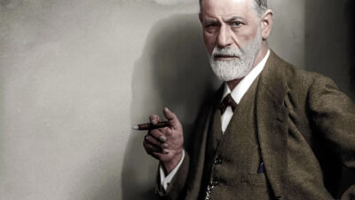Photo du buste de Sigmund Freud, debout, un cigare à la main droite, en train de nous regarder. Il donne l'impression qu'il s'interroge. Son costume est de couleur marron. Le fond est un mur gris.