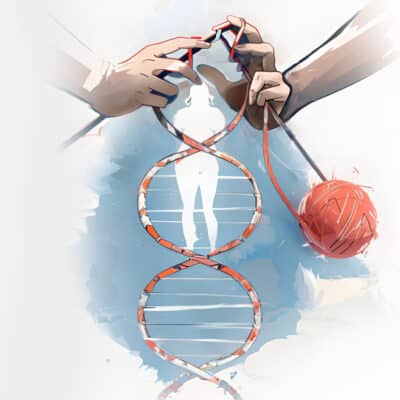 Un ADN tricoté évoque la transmission transgénérationnelle de traumatisme par les gênes, mais aussi l’épigénétique. Illustration de l’émission sur la psychogénéalogie, du podcast Méta de Choc.