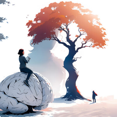 Une personne assise sur un cerveau géant représentant les biais cognitifs regarde au loin un arbre imposant et représentant les thérapies transgénérationnelles. Illustration de l’émission sur la psychogénéalogie, du podcast Méta de Choc.