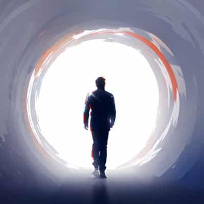 Une personne marche dans un tunnel, avec une lumière au bout. Illustration de la partie 3 de l’émission : Le voyage astral, du podcast Méta de Choc.