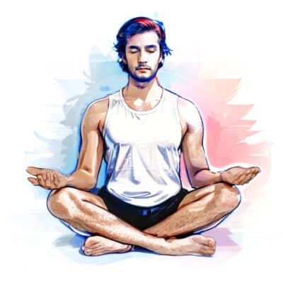 Un homme, assis en tailleur face à nous, médite. Illustration de la partie 4 de l’émission « La méditation », du podcast Méta de Choc.