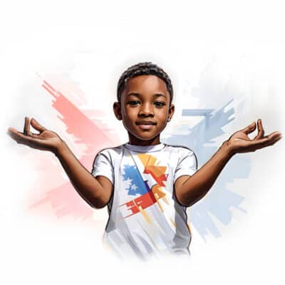 Un enfant est debout en position de méditation, les yeux ouverts. Il est souriant. Illustration de la partie 7 de l’émission « La méditation », du podcast Méta de Choc.
