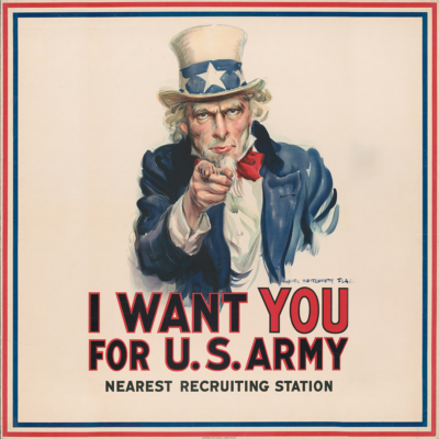 L'oncle Sam interpelle les citoyens américains et les pousse à s'enrôler dans l'armée. Illustration du META SHORT intitulé « Comment « manipuler les masses ? », du podcast Méta de Choc.