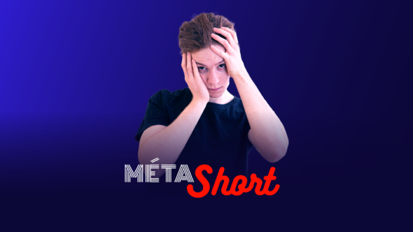 Un sceptique démoralisé à l’écoute d’un croyant a la tête entre ses mains. Illustration du format court intitulé META SHORT, du podcast Méta de Choc.