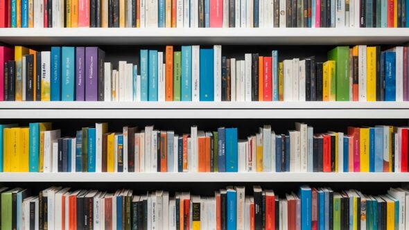 Une bibliothèque de livres colorés. Illustration du teaser de l’émission STREAM intitulée : Raz-de-marée ésotérique en librairie, du podcast Méta de Choc.