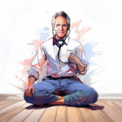 Illustration de Jon Kabat-Zinn assis en tailleur avec un stéthoscope. Illustration de la partie 8 de l’émission « La méditation », du podcast Méta de Choc.
